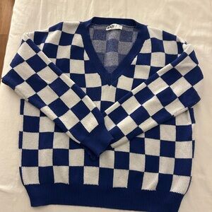 Beach Riot Blue & White Checkered V-Neck Sweater